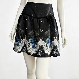 H&M Black Skater Skirt with Blue and White Floral Border